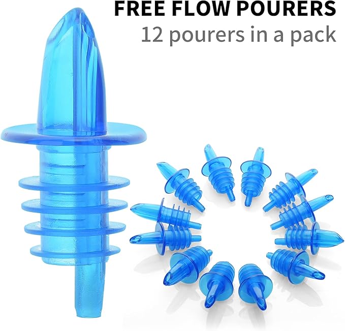 Plastic Liquor Bottle Pourers blue- 12 Pack Classic Bottle Pourers for Alcohol, Leak-Proof, Dishwasher-Safe Pour Spouts for Liquor Bottles (blue)