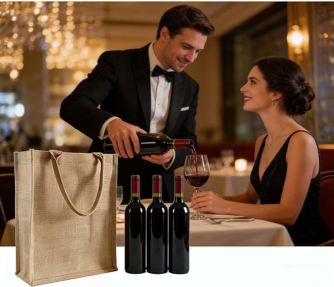 Jute Burlap 3 Bottle Wine Gift Tote Bags with Soft Cotton Handles Reusable for Wedding, Parties,Birthdays
