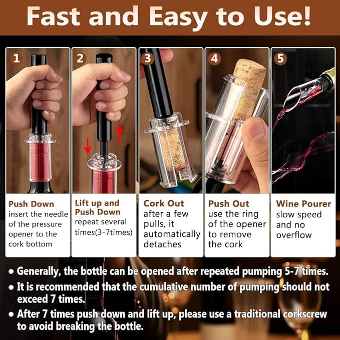 Air Pressure Wine Bottle Opener and Wine Pourer 2 Pieces Set - NUCOKRS Pump Corkscrew, Effortlessly Opens Bottles in 3-7 Pumps, No Electricity, Easy to Use, Gift for Wine Lovers