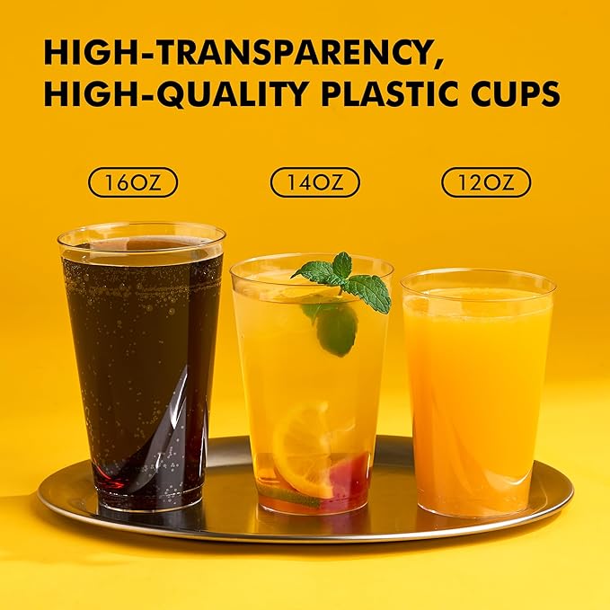 RACETOP 12oz Clear Plastic Cups, 200 Pack Disposable Party Cup, Heavy Duty Disposable Glasses, Disposable Cups for Party, Thanksgiving, Wine Taesting, Birthday and Christmas.