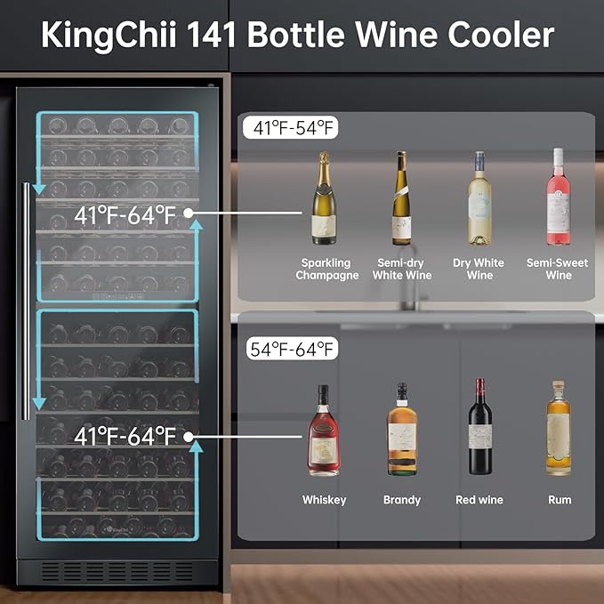 KingChii 141 Bottle Wine Cooler Refrigerator Dual Zone Wine Fridge with Professional Compressor - Stainless Steel & Tempered Glass, Freestanding for Home, Office, Kitchen