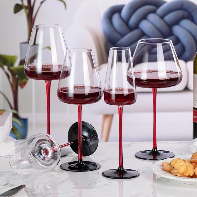 KAMMAK Wine Glasses Set of 2, 9.13 oz Hand Blown Crystal Bordeaux Wine Glasses, Thin Rim & Long Stem, Perfect for Red & White, Daily Use, Wedding or Birthday Gift with Gift Box, XH-H260 Black Base