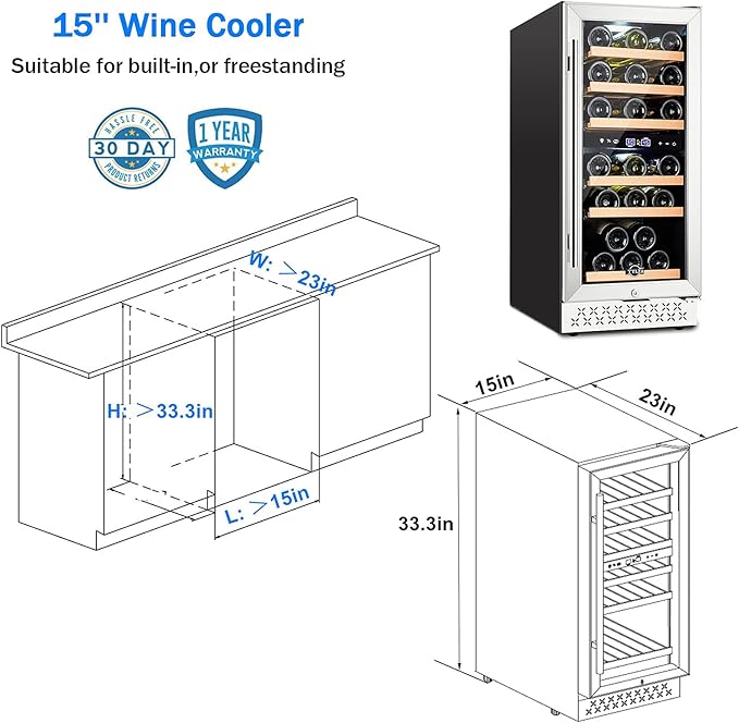 Tylza 15 Inch Wine Fridge, 30 Bottles Dual Zone Wine Cooler Refrigerator, Undercounter or Freestanding, 40-65°F, Wine Cabinet with Tempered Glass Door, Wine Cooler for Home, Kitchen, Bar