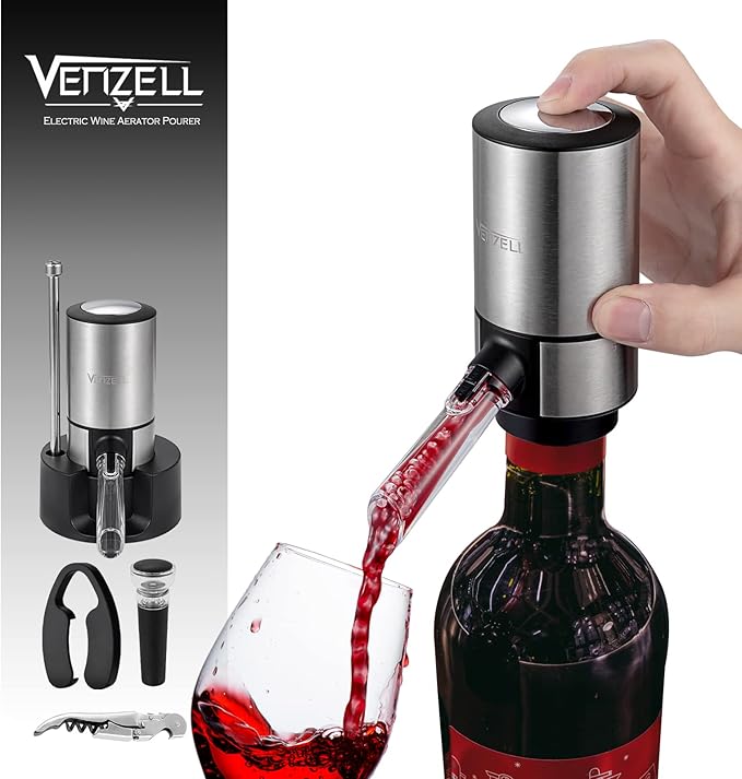 VENZELL Electric Wine Aerator and Pourer - Smart One-Button Wine Decanter with Automatic Vacuum Stopper and Dispenser