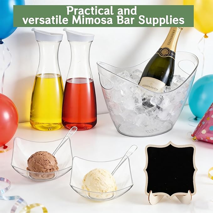 27 Pcs Mimosa Bar Supplies Include Acrylic Ice Bucket 4Pcs 34oz Plastic Carafe with Lids 6 Disposable Salad Bowls with Spoons & Tongs 10 Mini Wooden Chalkboards for Summer Party Family Gathering Bar