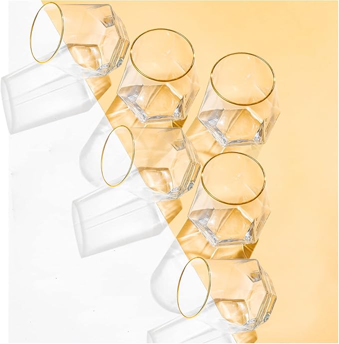 XKXKKE Diamond Wine Glasses Set of 6, 10 OZ Modern Stemless Gold Rim Glass Cups Clear Drinking Glassware for Serving Party, Home, Bar, Restaurants, Transparent 6 Pack