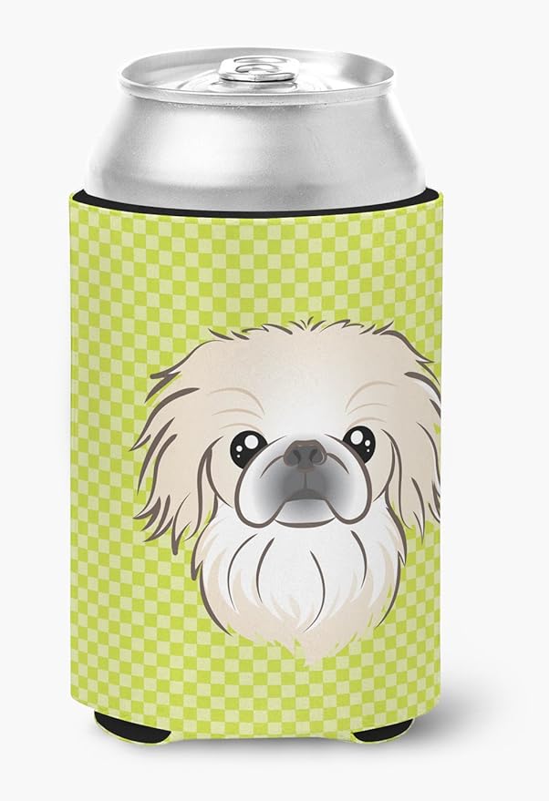 Caroline's Treasures BB1283CC Checkerboard Lime Green Pekingese Can or Bottle Hugger Cooler Washable Drink Sleeve Collapsible Beverage Insulated Holder, Can Hugger, Multicolor