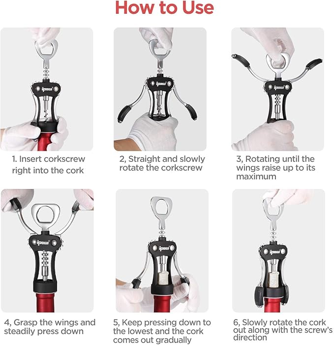 IPOW Wine Opener, Zinc Alloy Wine Bottle Opener, Wing Corkscrew Heavy Duty, Manual Multifunctional Cork Screw for Waiter, Black