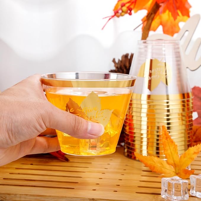 DaYammi 60Pcs Thanksgiving Gold Plastic Cups 9 Oz Gold Rimmed Clear plastic Cups gold Thanksgiving Disposable Party Cups Plastic Drinking Cup Cocktail Glasses Disposable Wine Glasses