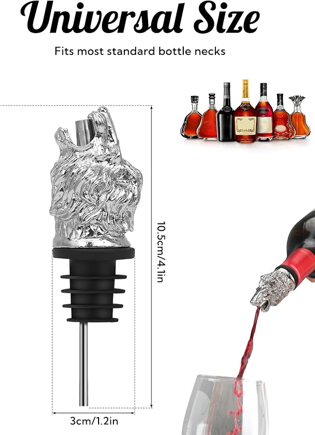 Lion Head Wine Pourer, Animal Bottle Pourer and Liquor Stopper for Wine Whiskey Spirits, Metal Wine Aerator Spout with Stainless Steel & Silicone, Novelty Bar Accessory Gift for Men Parties & Holidays