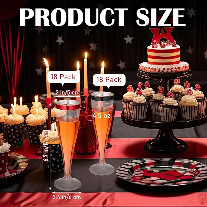Jingmore 36 Pcs Plastic Champagne Flutes 4.5 oz Clear Disposable Wine Glasses Cocktail Cup Champagne Glass for Wedding Graduation Summer Party Favor Mimosa Bar Supplies (Black,Red)