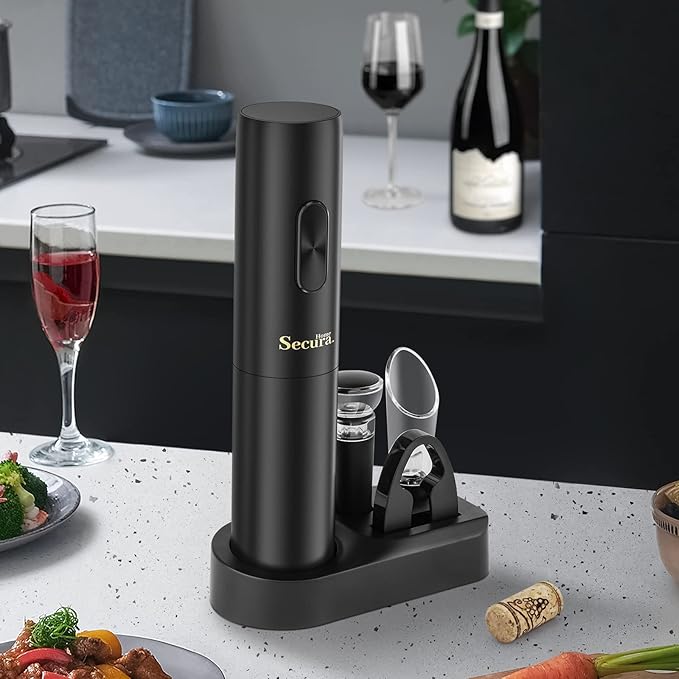 Secura Electric Wine Opener Battery Operated Automatic Wine Bottle Opener Set Reusable Corkscrew with Foil Cutter, Vacuum Stoppers, Aerator Pourer Wine Set Gift for Wine Lovers, Black