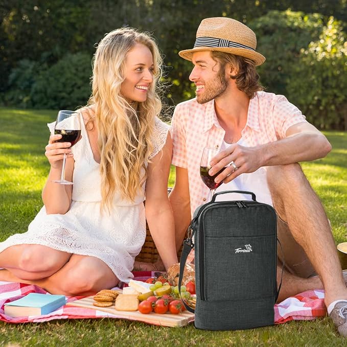Tirrinia Insulated 2 Bottle Wine Gift Tote Bag - Tumbler Glass Cooler Carrier for BYOB Restaurants, Tasting, Travel, Park, Beach - Great Wine Lover Gift, Charcoal