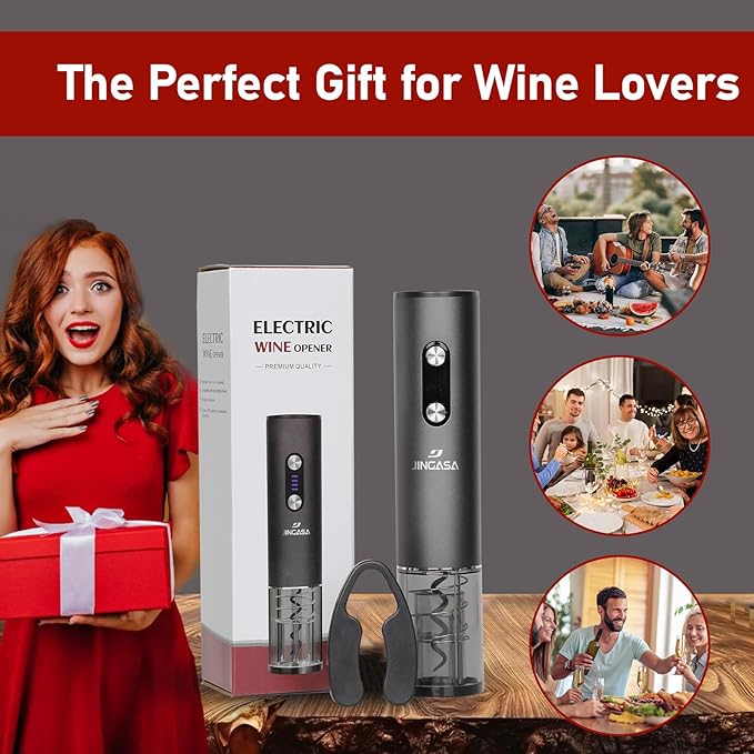 JINGASA Electric Wine Opener with Automatic Corkscrew & Foil Cutter – Rechargeable Type-C Corkscrew Bottle Opener for Home, Kitchen & Party, Black,1 Pack