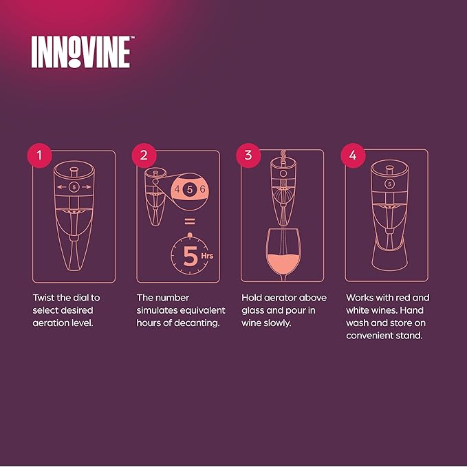 Innovine Red Wine Pro 4-Piece Wine Tool Gift Set – Adjustable Wine Aerator with Stand, Double-Hinged Corkscrew & Vacuum Wine Saver with Stopper – Complete Red Wine Opening, Aeration & Preservation Kit