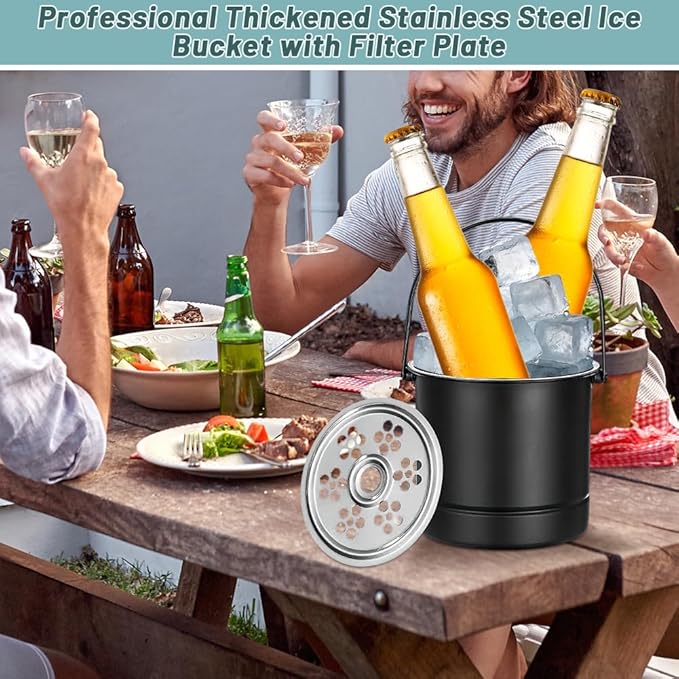 1L Ice Bucket, Professional Thickened Stainless Steel Ice Container with Filter Plate and Carrying Handle, Portable Chiller Bin Basket Black for Bar Parties Restaurant Bar(14x13.8x12.5cm)