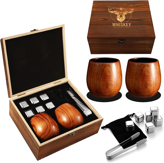 Charred Wooden Bourbon Drinking Glasses Set of 2 for Men 6 oz Whiskey Glasses 6 Ice Cubes Charred Bourbon Gifts for Father Dad Men Brother or Whiskey Lovers Father's Day Birthday Supplies