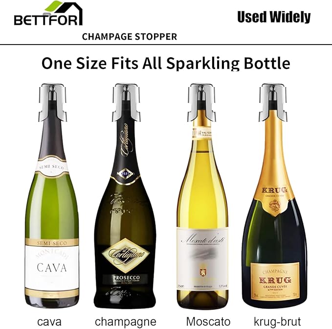 Champagne Stoppers with Stainless Steel Champagne Saver with Food Grade Silicone Leak proof Keep Fresh Suitable for Champagne, Cava, Prosecco and Sparkling（Silver，1Pack）