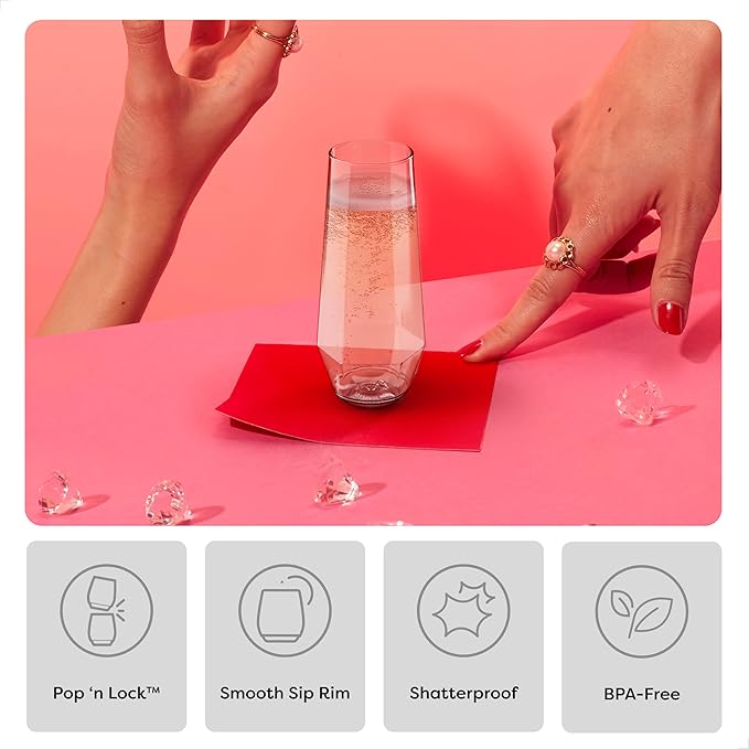TOSSWARE POP 9oz Stemless Diamond Champagne Flute Set of 48, Premium Quality, Recyclable, Unbreakable & Crystal Clear Plastic Champagne Glasses