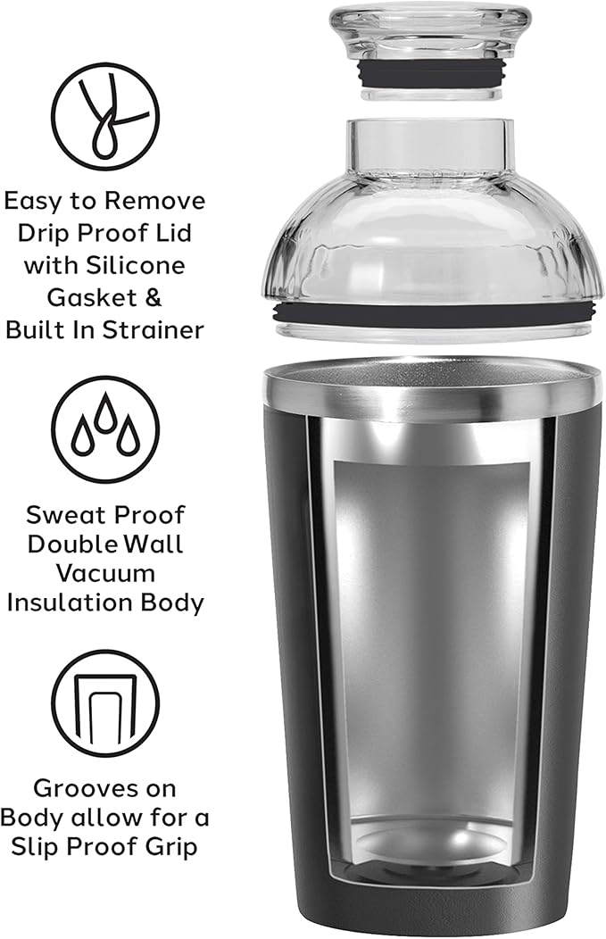 OGGI Groove Insulated Cocktail Shaker-17oz Double Wall Vacuum Insulated Stainless Steel, Tritan Lid has Built In Strainer, Ideal Cocktail Mixer, Martini Shaker, Margarita Shaker, Black