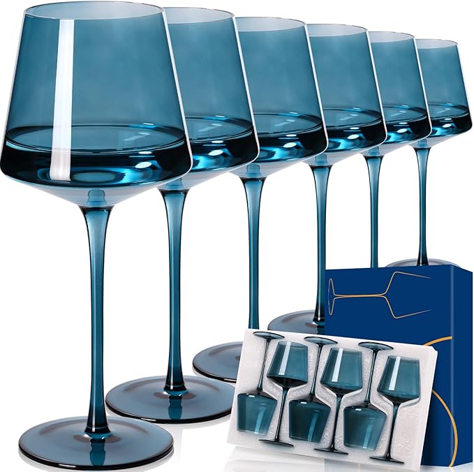 Blue Wine Glasses Set of 6,18oz Blue Wine Glassware Gift Set for Wife & Mom-Colorful Hand Blown Glass Drinkware for Red White Wine
