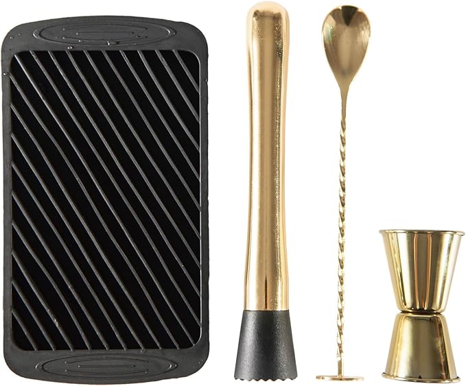 JNWINOG 3-Pcs Gold Muddler & Mixing Tools Set, 10" Muddler, 12" Cocktail Spoon & 1 oz/2 oz Double Jigger, Bar Tool Set for Beverages