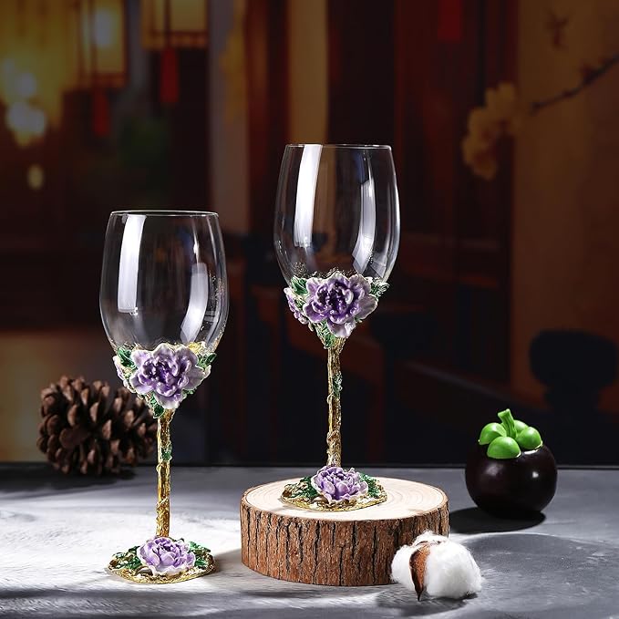 Simcat Handmade Painted Enamel Flower Glass Wine Glasses Transparent Refined Goblet, Stem For Cabernet, Gifts (purple double gift box,big flower)