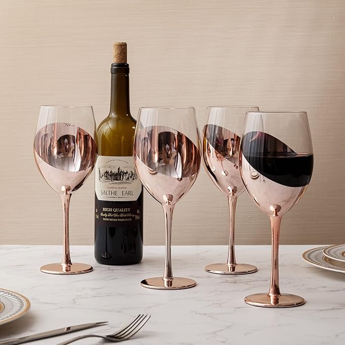 MyGift 14 oz Copper-Toned Stemmed Wine Glass Set of 4, Dinner Party and Wedding Events Glassware