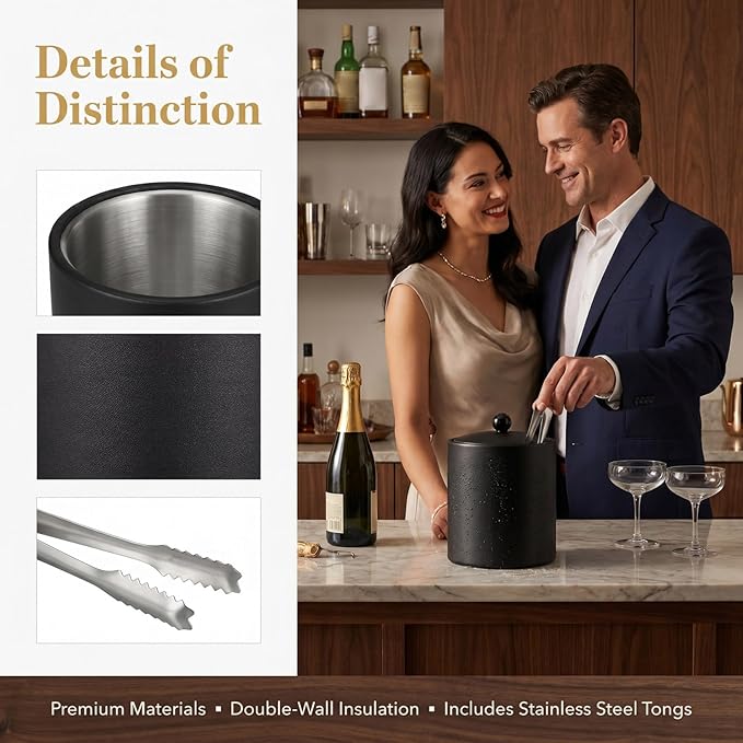 NUOBESTY Stainless Steel Ice Bucket with Lid and Tongs, Black Wine Chiller and Bubbly Cooler Beverage Serving Bucket for Bar Party, Cocktail Station, Home Entertaining (7.28 x 5.51 in)
