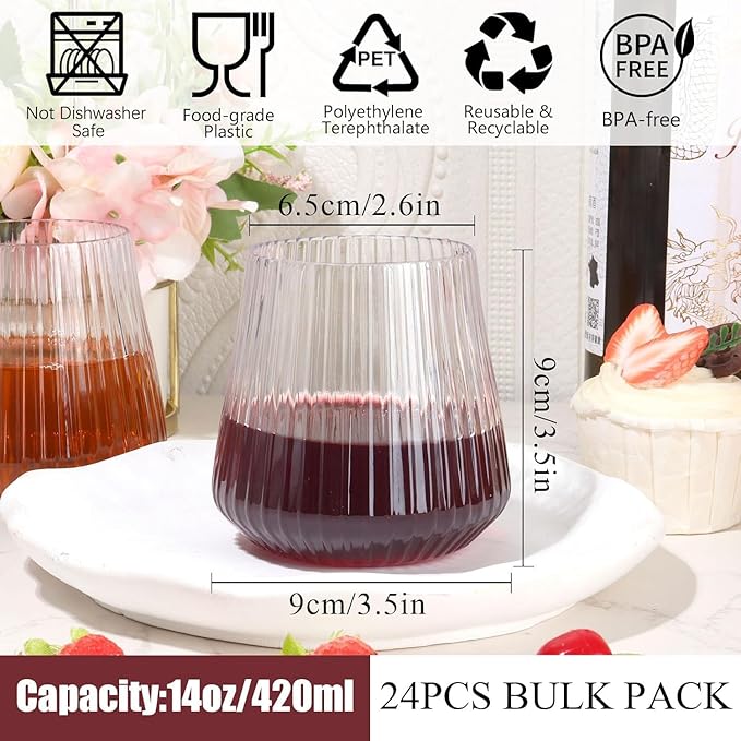 24 Pack Plastic Ribbed Wine Glasses, 14oz Stemless Disposable Wine Cups, Cute Clear Unbreakable Outdoor Cocktail Glasses, Heavy Duty Reusable Plastic Drinking Cup for Party Wedding Mimosa Bar