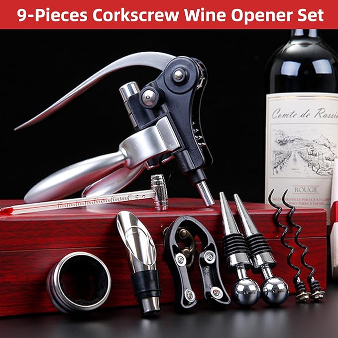 Rabbit Wine Opener Set, Wine Accessories with Wooden Gift Box – Wine Gift for Wine Lovers (S288-SIL-9)