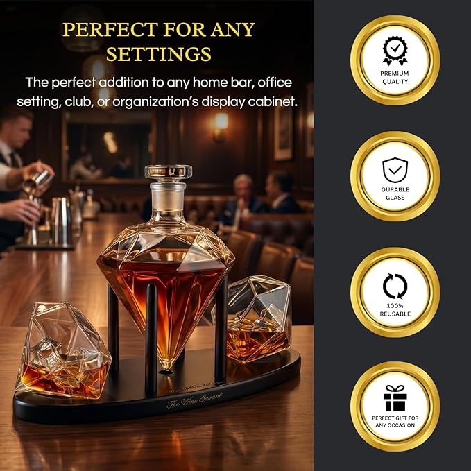 The Wine Savant Diamond Whiskey Decanter l With 2 Diamond Glasses Liquor, Scotch, Rum, Bourbon, Vodka, Tequila Decanter (750 ML DECANTER)