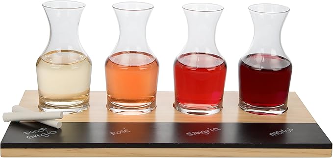 Deco Wine Tasting Flight Sampler Board - Set Includes Four 6 oz Decanter Glasses & Wood Paddle Chalkboard - Great for Charcuterie Boards, Wine Taste Testing, Date Nights - Mothers Day Gifts for Mom