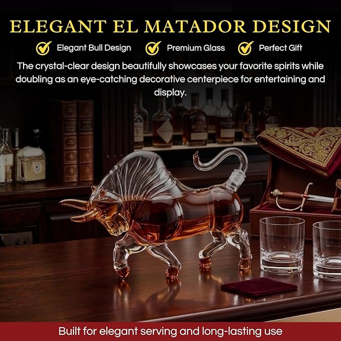 Charging Bull Decanter El Matador Wall Street Bull Charging Head Forward Animal Bullfighter Liquor Decanter for Bourbon Whiskey Scotch Zodiac Shape Clear 1000ml Dispenser Unique Bar Gift, Men Office