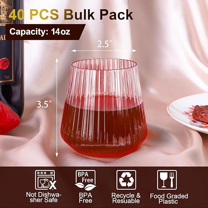 Lueumxc 40 Pack Plastic Ribbed Wine Glasses, 14Oz Origami Disposable Wine Glasses Unbreakable Clear Plastic Cocktail Glasses Recyclable Shatterproof Reusable Wine Cups (14oz-pink-40pack)