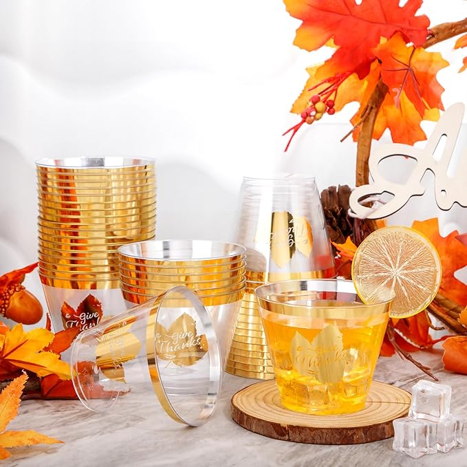 DaYammi 60Pcs Thanksgiving Gold Plastic Cups 9 Oz Gold Rimmed Clear plastic Cups gold Thanksgiving Disposable Party Cups Plastic Drinking Cup Cocktail Glasses Disposable Wine Glasses