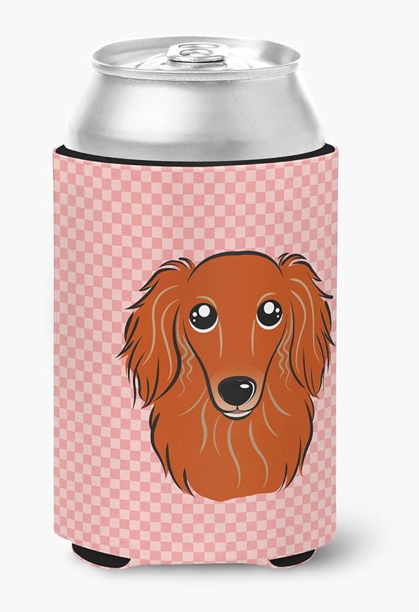 Caroline's Treasures BB1214CC Checkerboard Pink Longhair Red Dachshund Can or Bottle Hugger Cooler Washable Drink Sleeve Collapsible Beverage Insulated Holder, Can Hugger, Multicolor