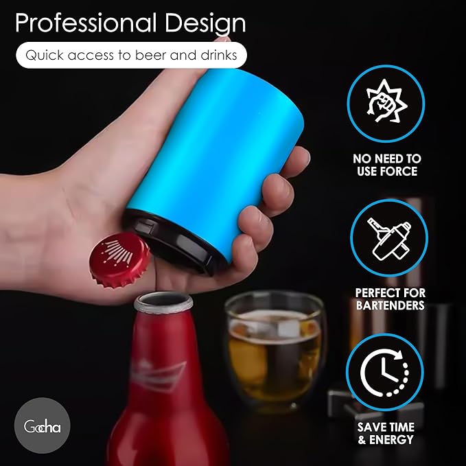 GOCHA | Magnetic Beer Bottle Opener with Automatic Cap Catcher – Stainless Steel Push-Down Gadget, One-Hand Bar Tool for Beer & Soda Bottles (Blue)