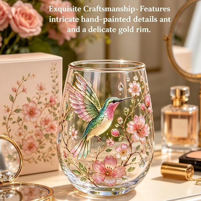 2026 Garden Hummingbird Morning Bliss Glass Tea Cup, Elegant Gold Rimmed Glassware with 14 Oz, Clear Cup for Loose Leaf, Nature Art Decorative Tumbler Gift for Women Mom Wife(Robin)
