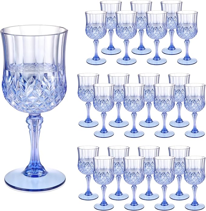 7OZ Plastic Wine Glasses, Disposable Goblets Drinking Glasses Crystal Vintage Water Cups Unbreakable Champagne Glasses for Wedding, Parties, Valentine's Day (Blue)