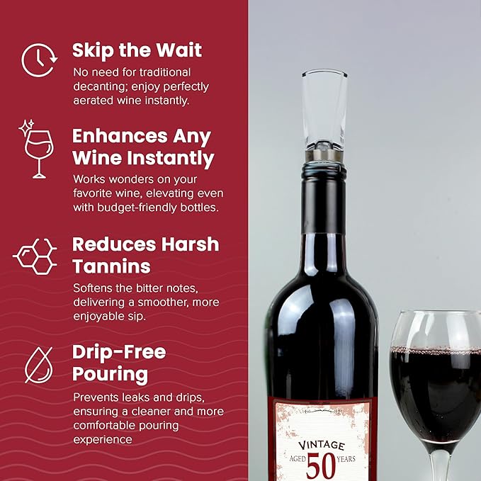 Wine Aerator and Pourer for Enhanced Flavor, Refined Aroma, Smooth Rich Finish, Travel Friendly, Affordable Valentines day Gift for Women/Friend/Wine Lover |Clear, No Drip and Stainless Steel Design