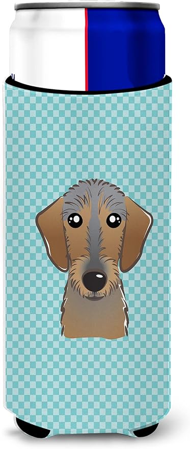 Checkerboard Blue Wirehaired Dachshund Ultra Beverage Insulators for slim cans
