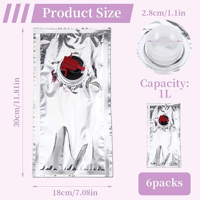6Pcs 1L/34oz Refillable Wine Bag With Spout, Leakproof Reusable Bladder Dispenser Pouch Purse, Alcohol Drink Pouches Plastic Flask for Liquor Juice Beverage