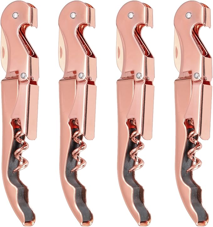 uxcell 4Pcs 5" Wine Openers Waiter Corkscrew Professional Red Wine Bottle Opener Double Hinged with Foil Cutter for Servers Bartender, Rose Gold