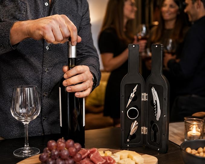 Luxury Wine Accessory & Gift Set - Corkscrew, Stopper, Pourer, and Games! (Wine Opener - Black and Silver GlossyBottle Case)