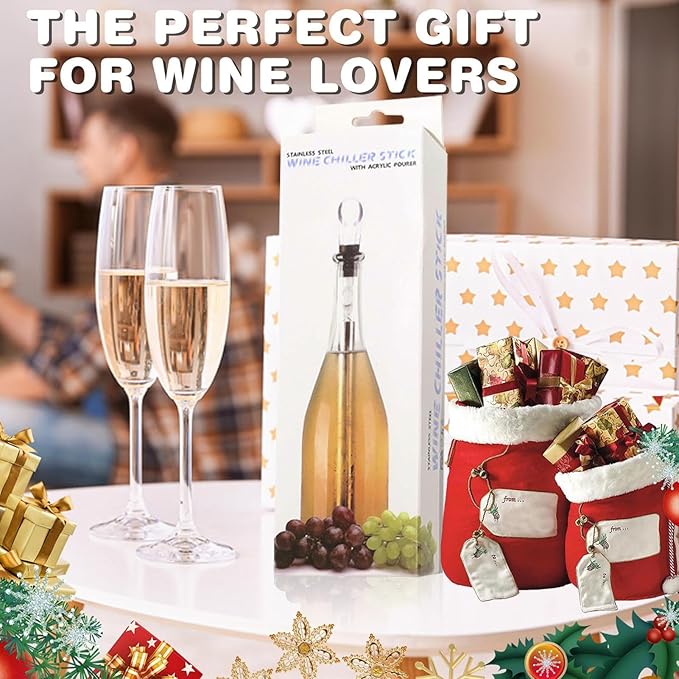 Chiller Bar - Red Chiller Rod, Stainless Steel Iceless Bottle Cooler with Stopper and Pourer | Perfect Wine Chiller Accessory at Home, Bar, Fes