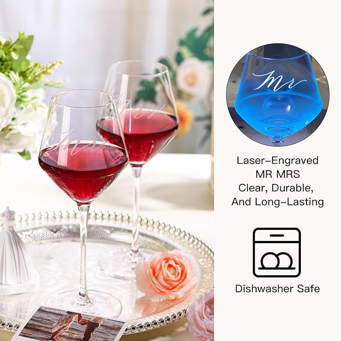 Mr Mrs Wine Glasses Gifts for Wedding/Engagement/Bridal Shower,Classy Engagement Present,Wedding Gift for Couples,Women,Bride to be,Newlyweds-Wedding Keepsake Box with Wine Accessories
