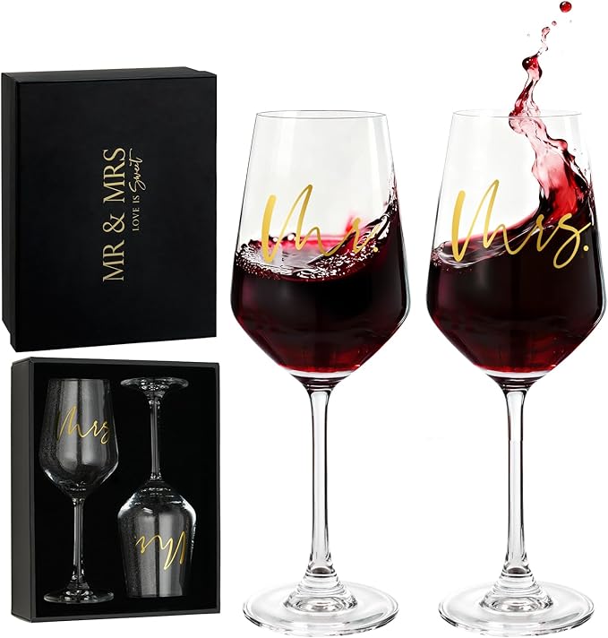 AW BRIDAL Mr and Mrs Wine Glasses Set of 2 for Engagement Bridal Shower, Wedding Gifts for Newlywed Couples 2026, Personalized Anniversary Wine Glass Gift Basket for Bride Groom and Fiance Fiancee
