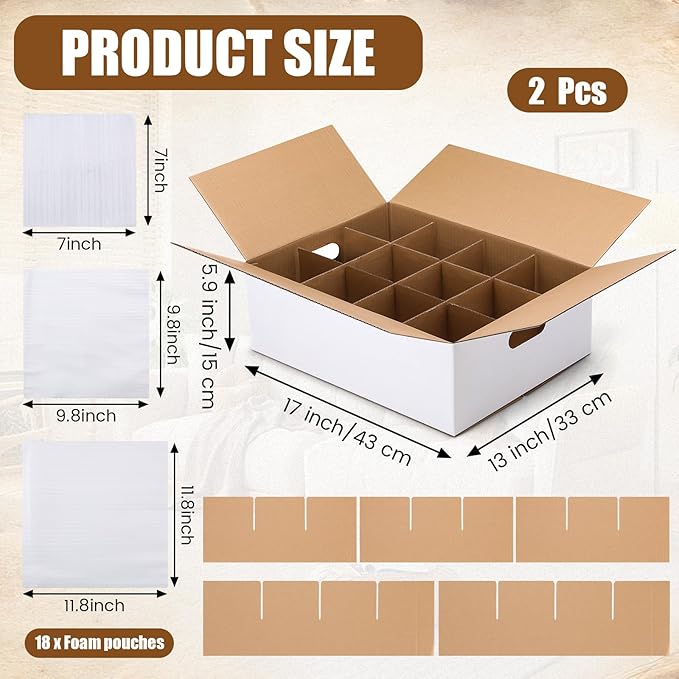 MotiMind 2 Sets Mug Moving Boxes with Divider Kits 17 x 13 x 6 Inches Mug Packing Shipping Box Kitchen Moving Boxes Storage Carrier with 18 Pcs Foam Pouches and Handles for Glasses Cup Wine Packing