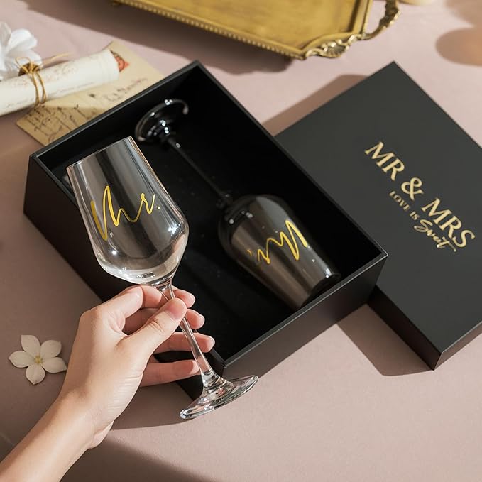 AW BRIDAL Mr and Mrs Wine Glasses Set of 2 for Engagement Bridal Shower, Wedding Gifts for Newlywed Couples 2026, Personalized Anniversary Wine Glass Gift Basket for Bride Groom and Fiance Fiancee